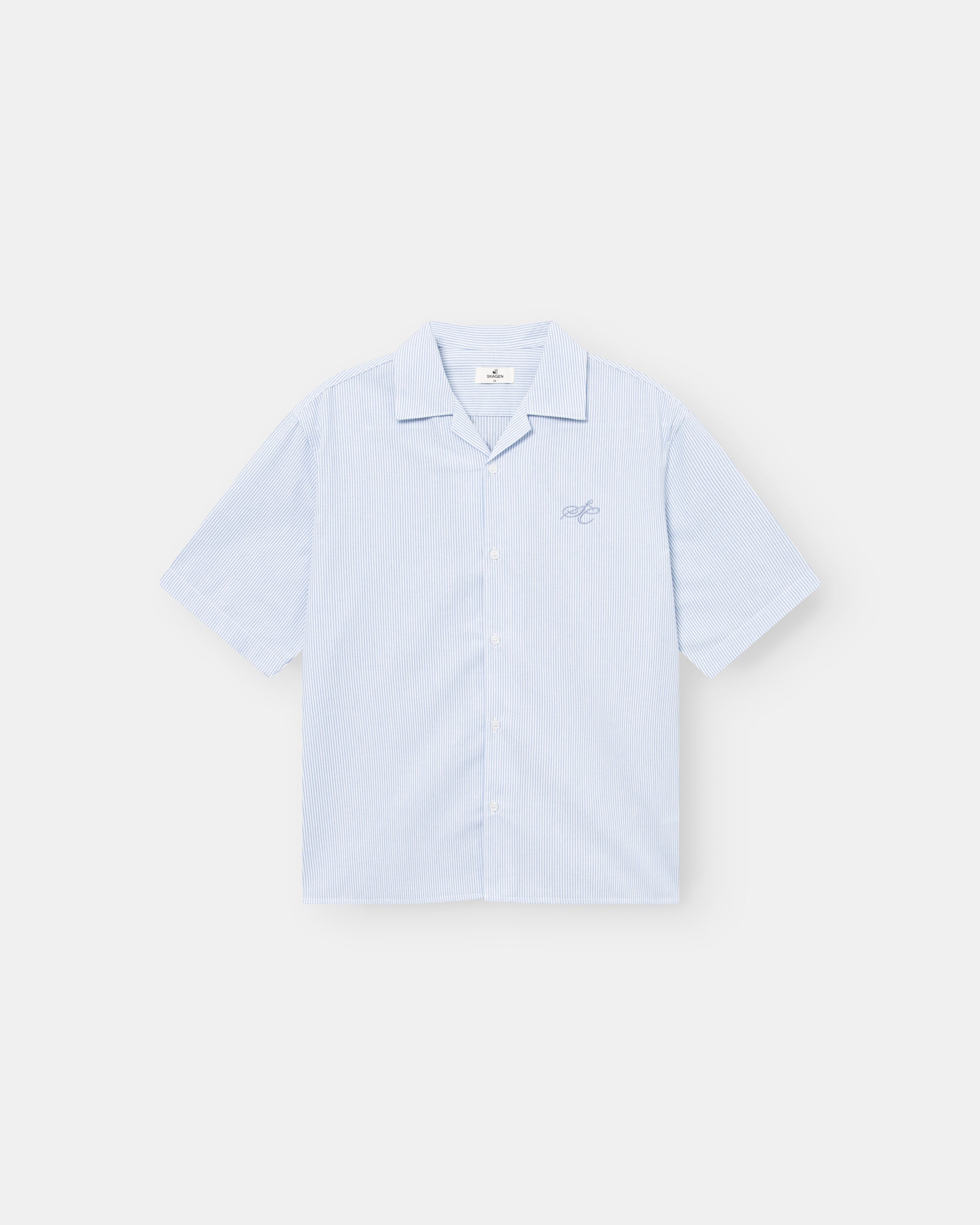 Short -sleeved flax shirt light blue striped