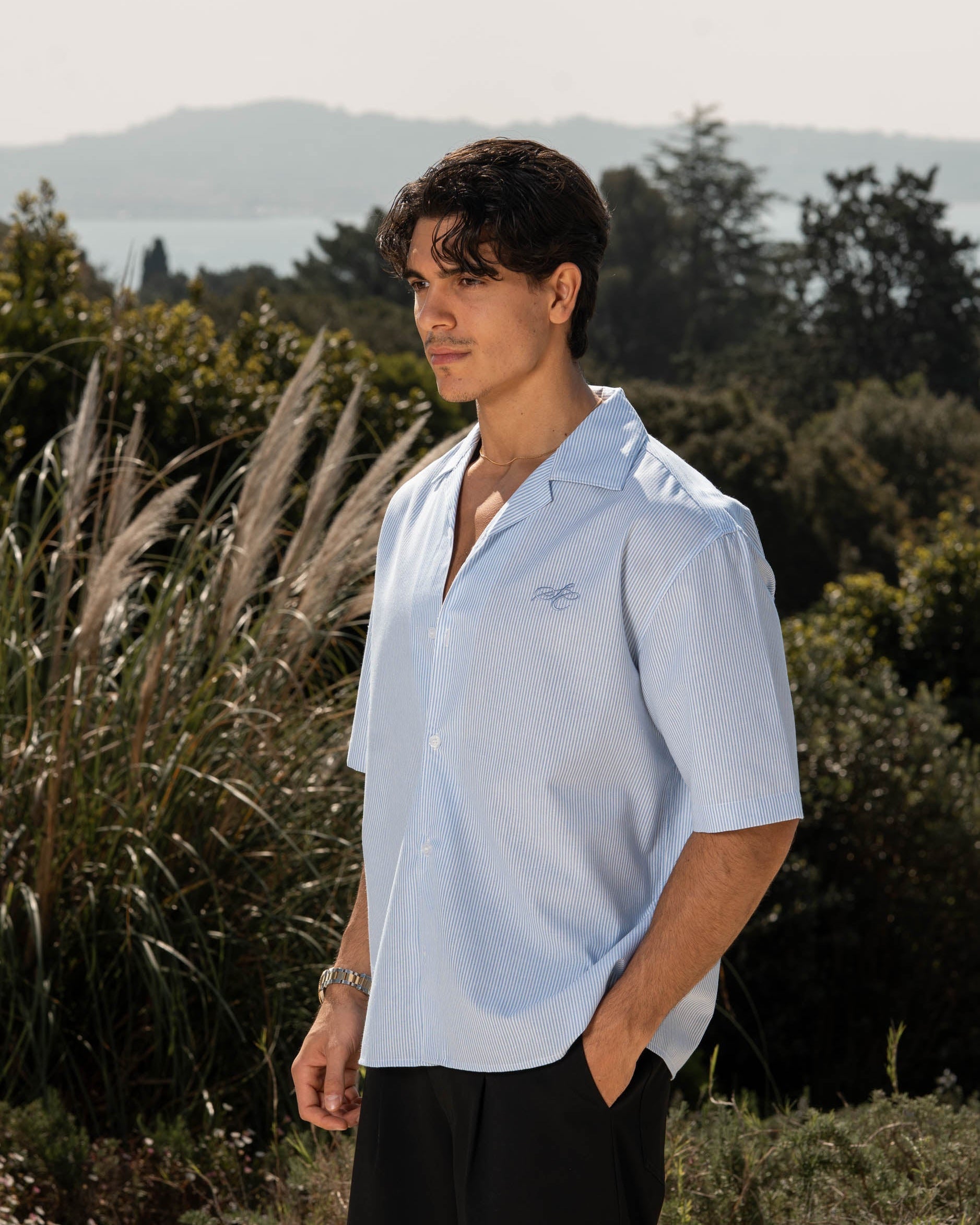 Short -sleeved flax shirt light blue striped