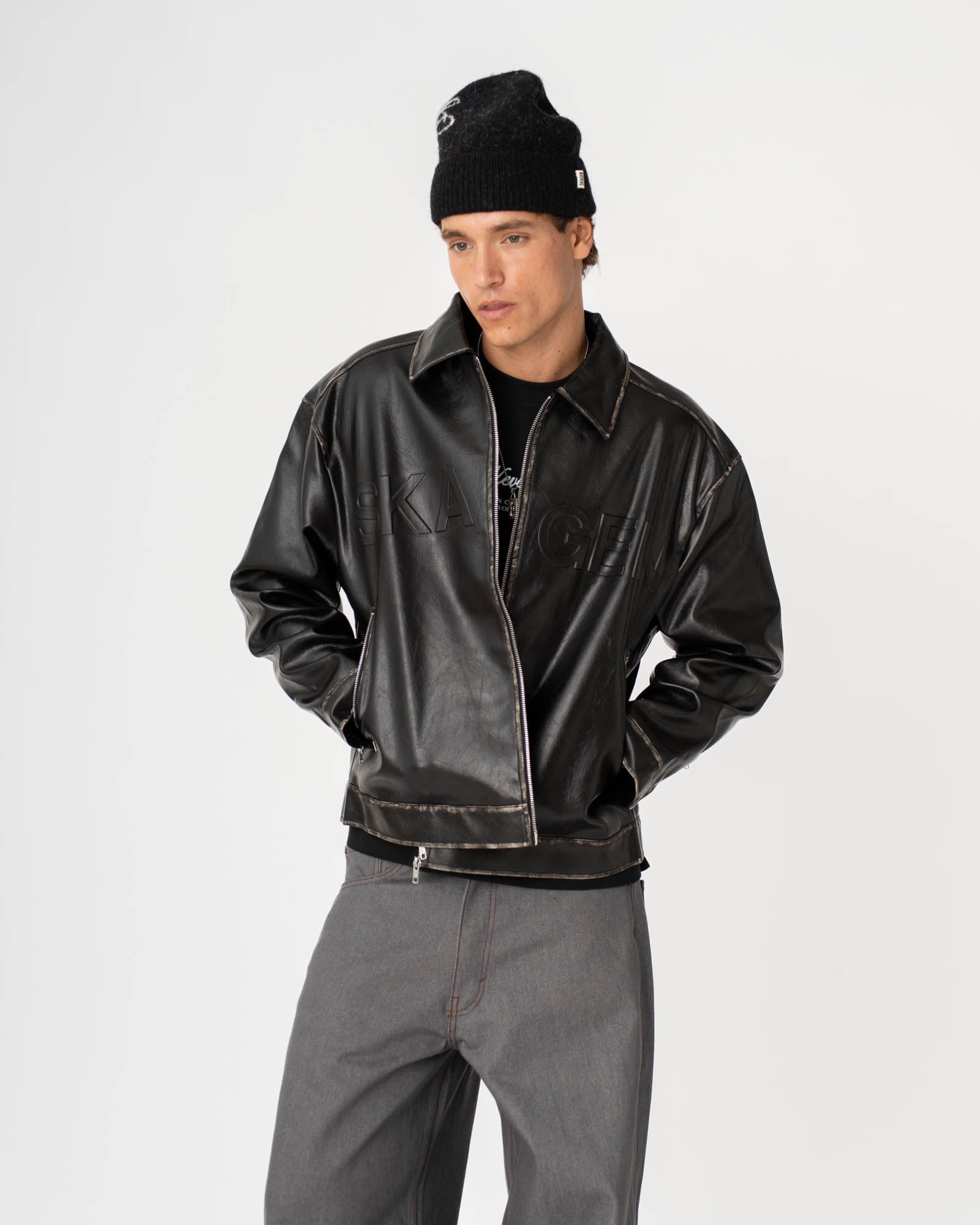 Distressed Leather Jacket Black