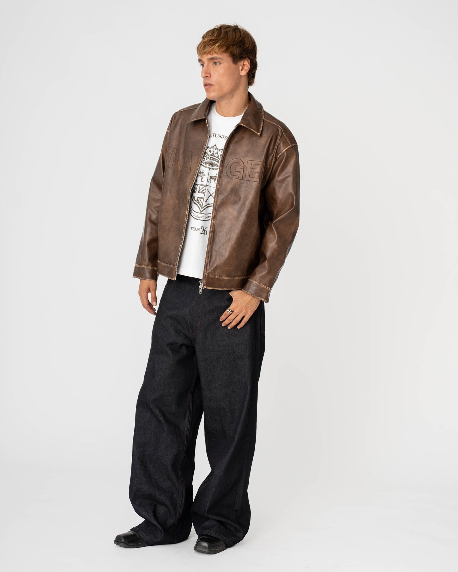 Distressed Leather Jacket Brown